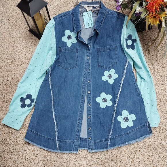 Handmade Jackets & Blazers - 3655 Size Large Easel Upcycled Jean Shacket In Teal and Blue. NWT